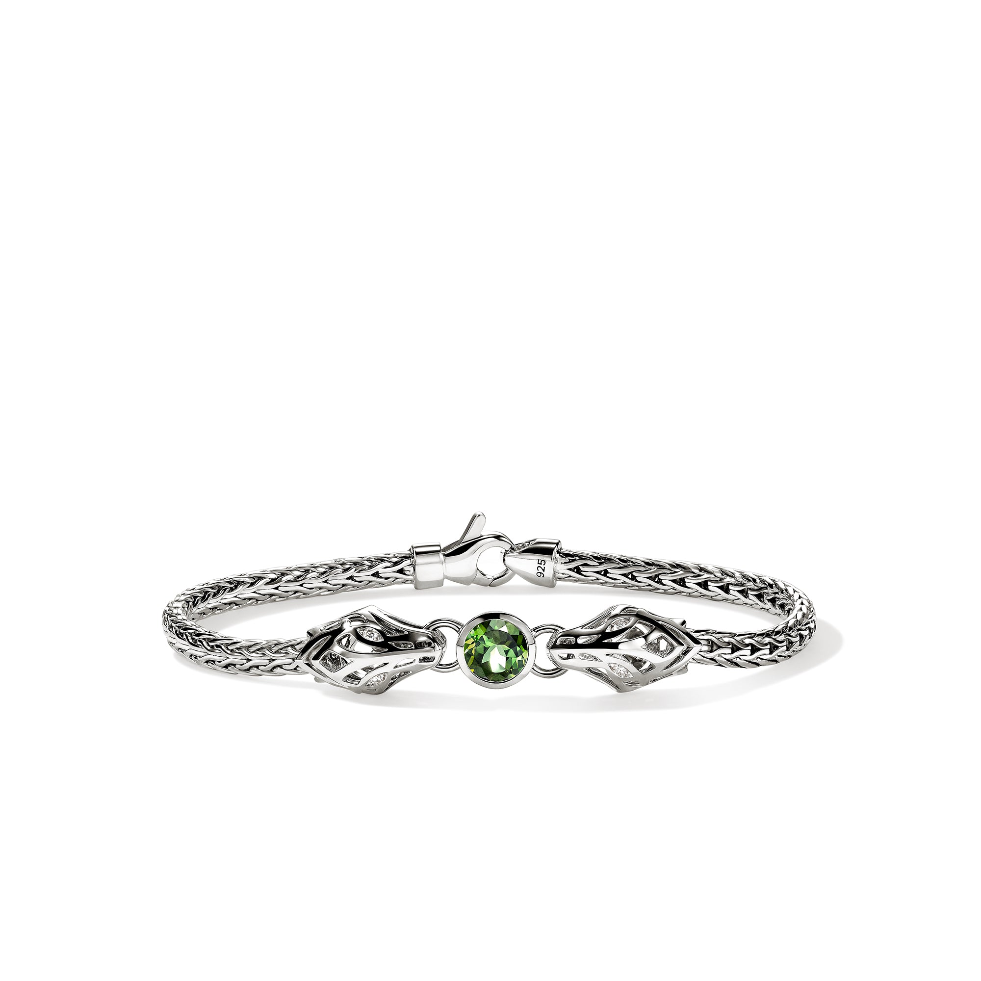 Naga Bracelet, Sterling Silver, Green Tourmaline, Diamond 3.5MM