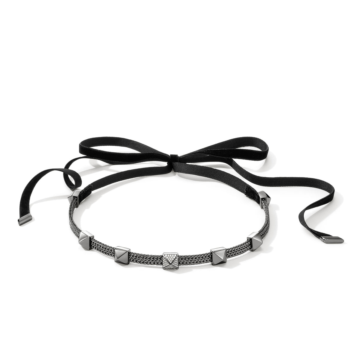 Icon Stud Choker, Dark Silver, Diamonds, Velvet Ribbon – John Hardy