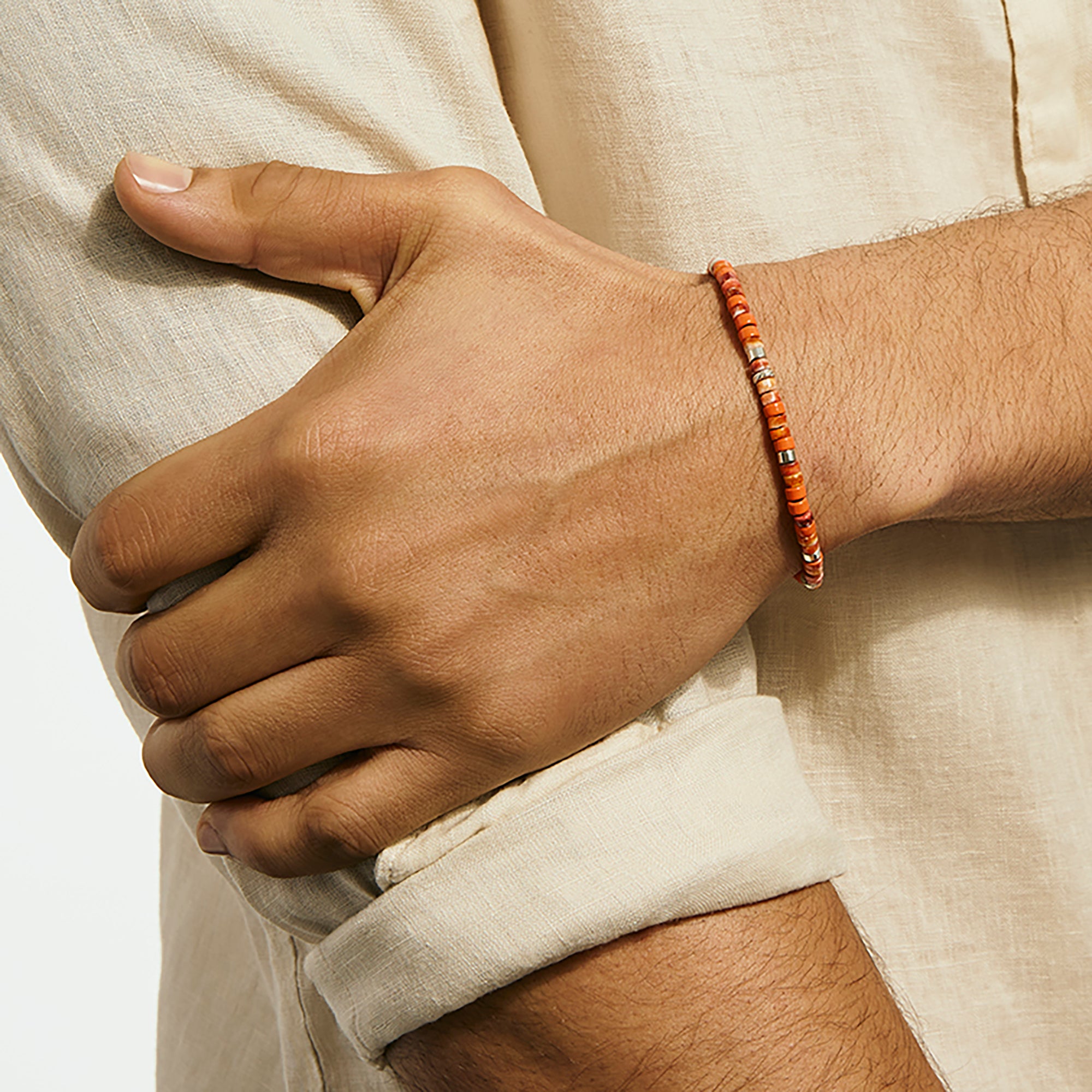 Heishi Bracelet, Sterling Silver, Spiny Oyster, 4MM|BUS290071OROYS