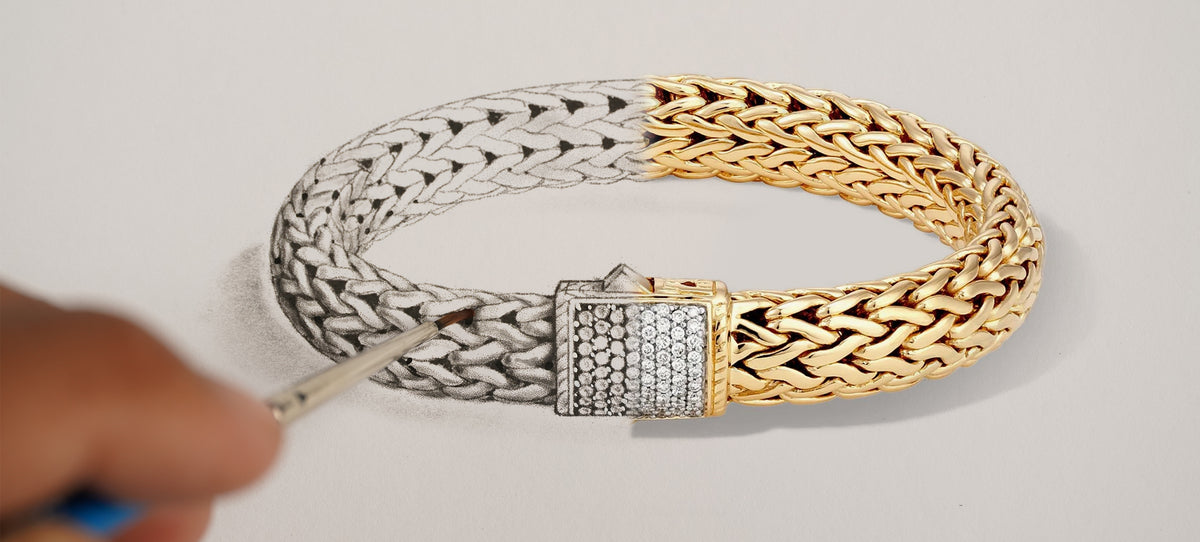 John Hardy Icon bracelet transitioning from a hand-painted design to a gold bracelet