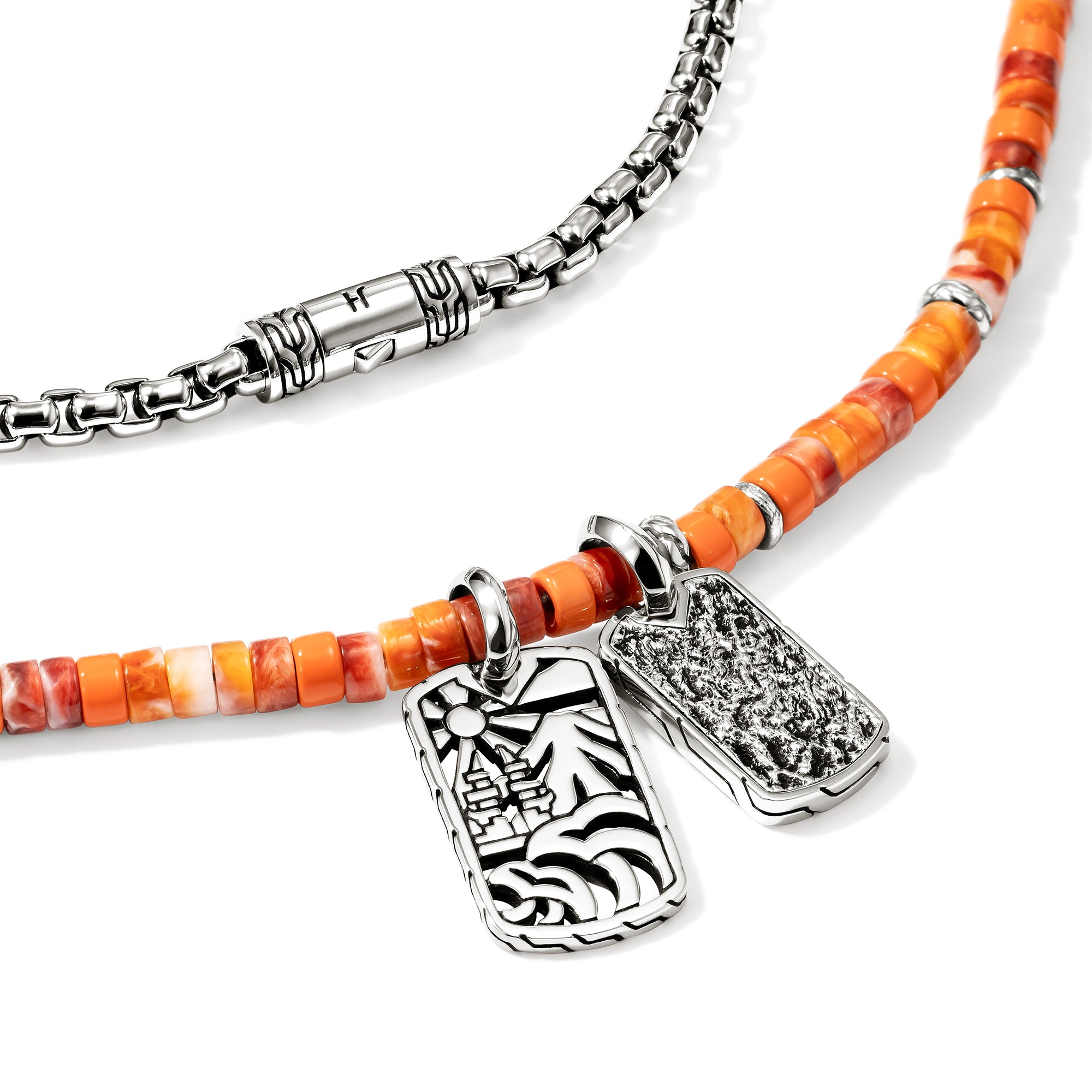 Heishi Tag Necklace, Sterling Silver, Spiny Oyster Shells