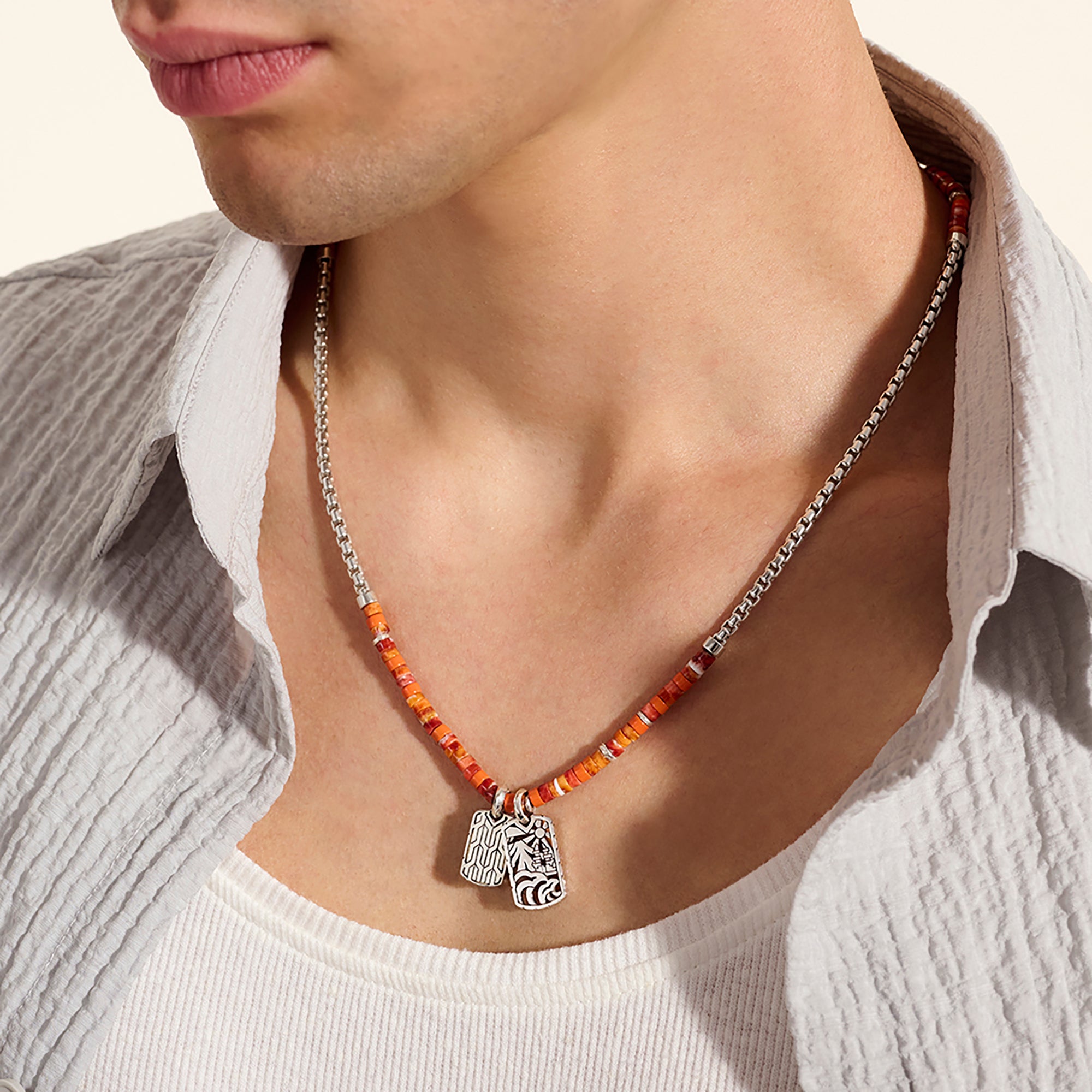 Heishi Tag Necklace, Sterling Silver, Spiny Oyster Shells