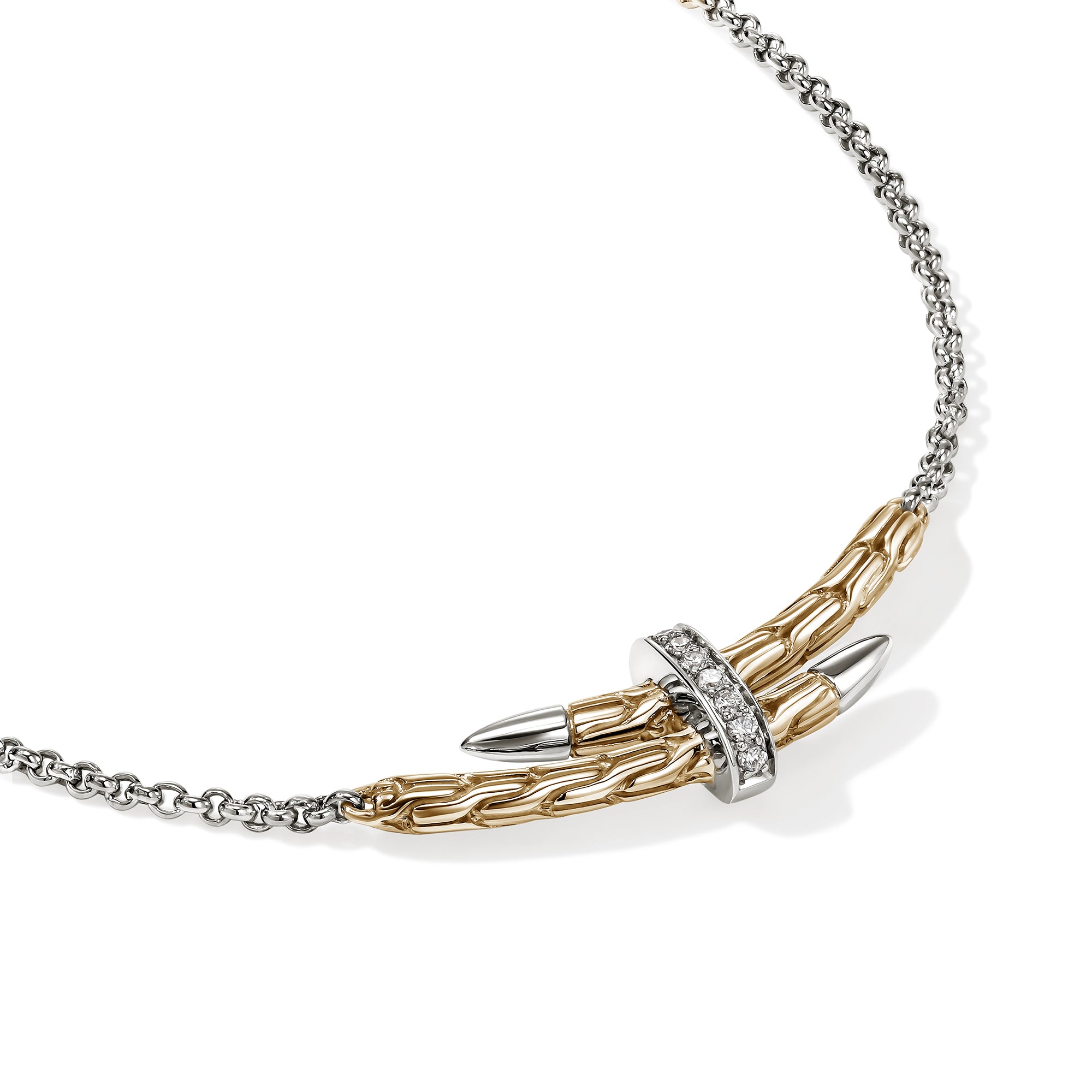 Spear Station Necklace, Gold, Sterling Silver, Diamonds